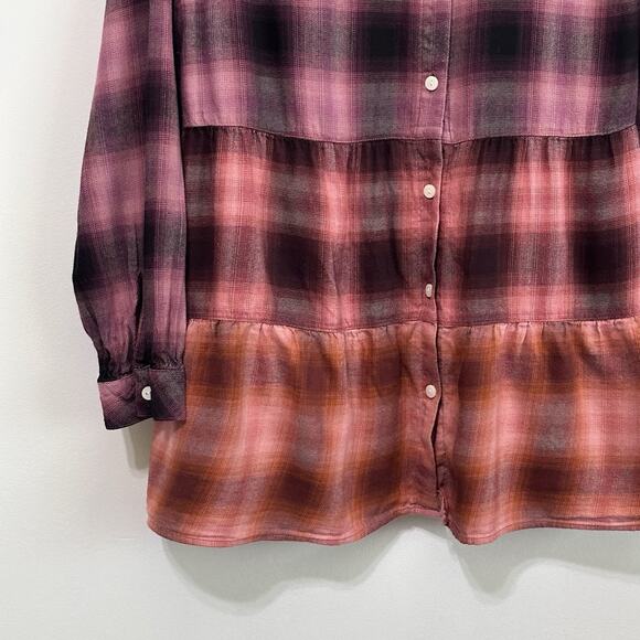 J Jill Cotton Ombre Plaid Shirt Tunic M Long Sleeve Button Front Fall Peplum Top - Picture 4 of 10
